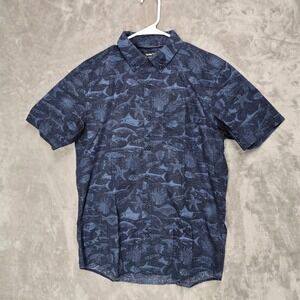 Hurley Men M Classic Short Sleeve Button Up Blue Fish Shark Aloha Shirt Ocean
